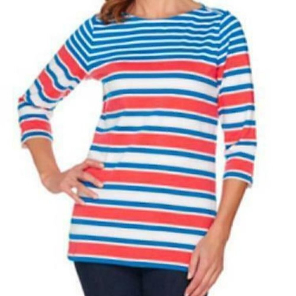 D & Co Denim + Company Women's Sz XXS Boat Neck T-Shirt Blue White Coral Stripes
